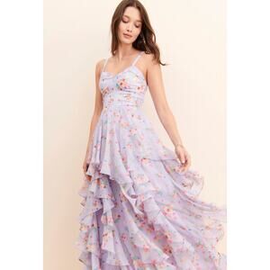 BHANUNI BY JYOTI Floral Chiffron Sequined Ruffled Dress in Purple Multi Size L